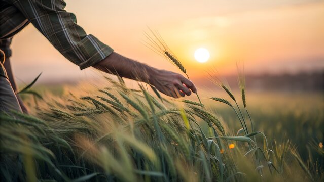 Farmer s hand gently touching wheat stalks at sunset
