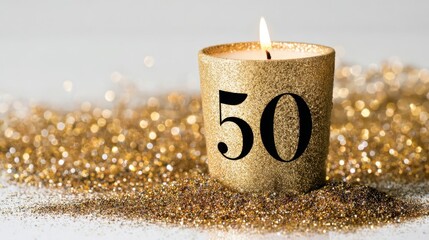 The shimmering candle celebrating a special 50th anniversary with sparkling glitter.