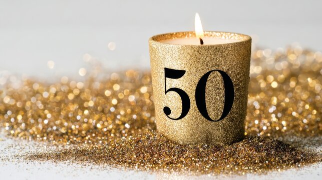The shimmering candle celebrating a special 50th anniversary with sparkling glitter.