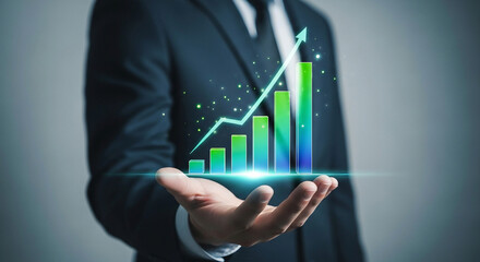 Businessman holding glowing green blue bar graph with upward trend arrow growth finance