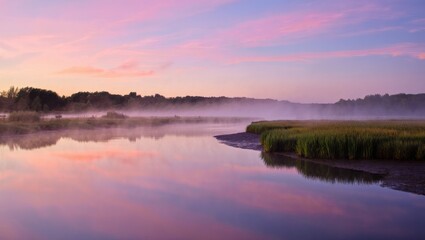Scenic landscape of a lake with mist and reflection at sunrise or sunset