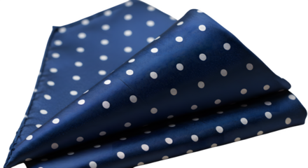 Navy silk displays white polka dots in a folded fashion. Perfect for textile pattern design, backdrops, or mockups.