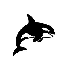 Naklejka premium Black silhouette of a jumping orca whale isolated on a white background, representing marine life and ocean creatures vector icon