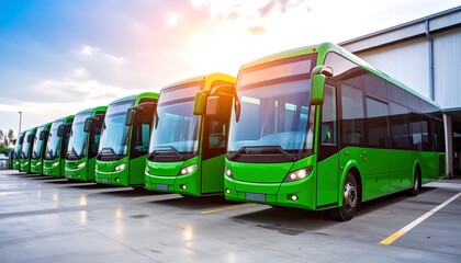 Green buses parked in row