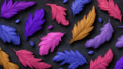 Vibrant colored leaves artfully arranged on a dark background.