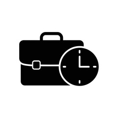 Black icon of a briefcase with a clock, symbolizing business time management, deadlines, and work efficiency, isolated on white background vector icon