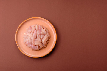 Raw chicken meat cut into strips, fresh fillet or breast slices. Chicken raw meat in pieces