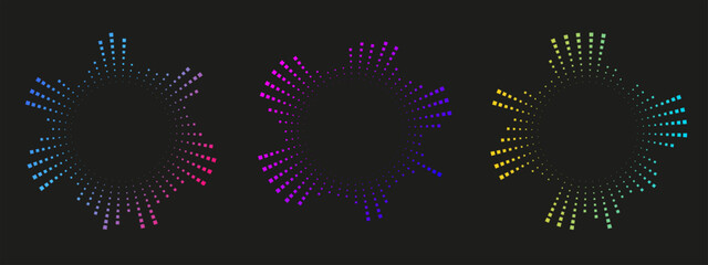 Neon radial equalizer pattern with circular sound waves. Abstract music visualization element for audio, radio, or target-style designs. Vector graphic.