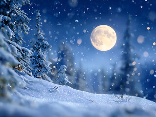 Naklejka premium Magical winter night scene with a full moon illuminating snow-covered trees and a serene, cold landscape.