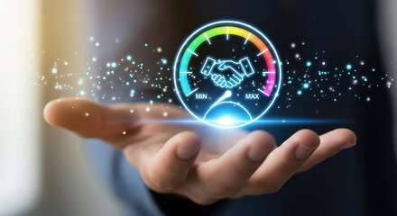 Hand holding glowing gauge with handshake icon and colorful spectrum speedometer