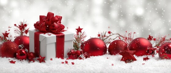 The beautifully wrapped Christmas gift surrounded by festive decorations and snow.