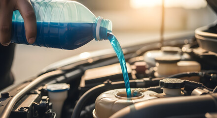 Close-up of pouring blue windshield washer fluid into a car's reservoir during vehicle maintenance.