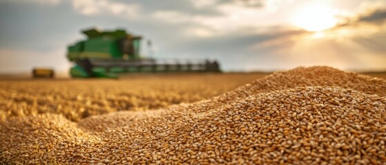 The golden wheat grain pile with a harvesting machine in the background.