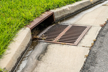 Close up of Rusty Storm Sewer Grate installed in Curb on a Street
