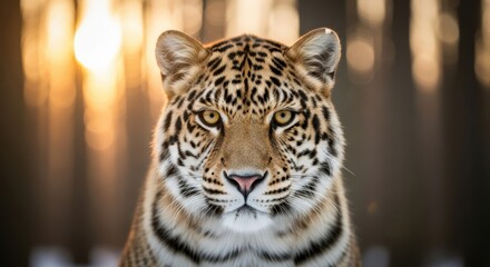 Fototapeta premium Close up face of a majestic snow leopard in its natural habitat during sunset