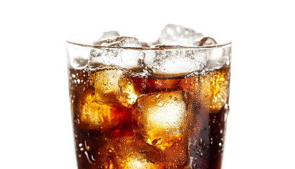 Refreshing glass of cola with ice cubes on transparent background