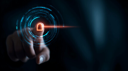 Human finger pressing a glowing digital button with a padlock icon for cybersecurity access.