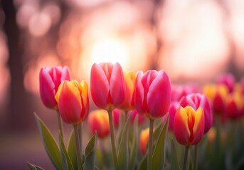 Vibrant pink and yellow tulips bloom in soft sunlight