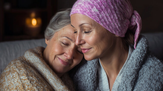 Social worker comforting cancer patient in hospice care facility, warm and empathetic moment.