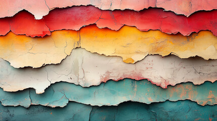 Obraz premium Layers of peeling paint in vibrant colors create a textured wall display in an urban setting at midday