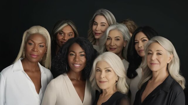 This studio shot features a group of women of various ethnicities with neutral background. They exude grace and power as they face the camera, symbolizing beauty that transcends age.