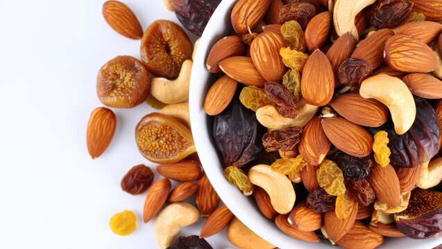 Mix of dried fruits and nuts in bowl isolated on white background, healthy snack