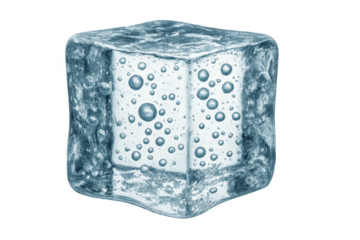 Ice cube with air bubbles floating on transparent background