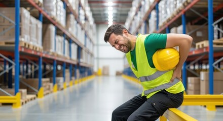 Warehouse worker experiencing back pain from lifting heavy objects