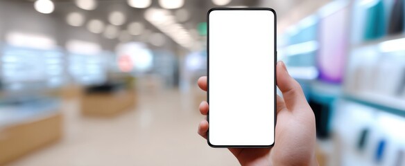 The smartphone held in hand showcasing blank screen in retail space.