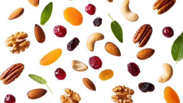 Falling nuts and dried fruits isolated on white background - Powered by Adobe