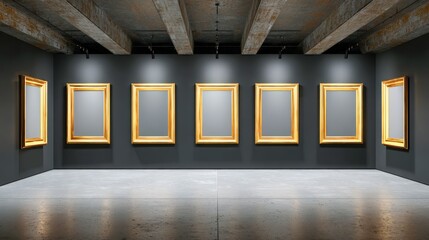 Gallery Exhibition with Blank Canvases in Gold Frames on Display, Museum Interior with Empty Artworks