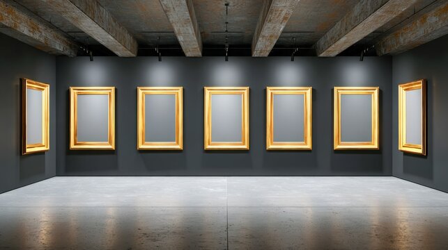 Gallery Exhibition with Blank Canvases in Gold Frames on Display, Museum Interior with Empty Artworks