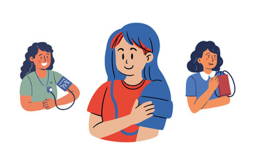 Fototapeta premium Cartoon illustration shows women checking blood pressure. Useful as an educational material, poster, and social media.