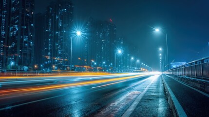 Obraz premium City Nightscape with Light Trails: Urban Mobility and Modern Transportation Concept