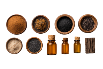 An image of different types of brown sand, black cumin seeds, and wood in wooden pots with glass and amber bottles on a white isolated on a transparent background in PNG format.