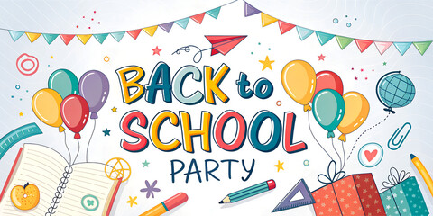 Fun and colorful back-to-school celebration with balloons, books, pencils, and educational icons. Perfect for school events, posters, invitations, banners, and learning activities
