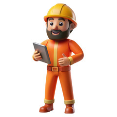 3d construction worker with tablet isolated on transparent background