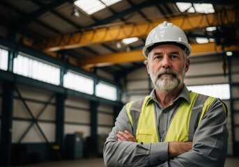 Experienced worker in safety vest and hard hat in warehouse