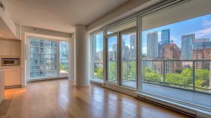 Obraz premium Modern High-Rise Apartment Interior with City View, Featuring Hardwood Floors and Natural Light, Ideal for Urban Living