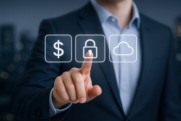 Businessman touching virtual interface icons: Money, lock and cloud. Representing business, security and modern technology