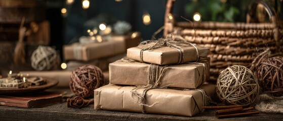 The beautifully wrapped gifts stacked on a rustic wooden table with cozy decor.