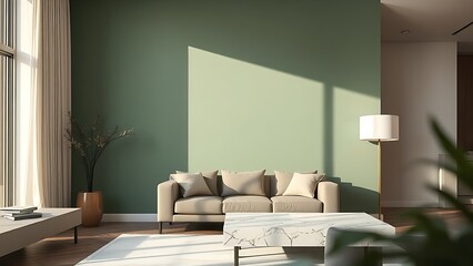 Contemporary living space with a muted green accent wall and abstract marble-textured furniture.