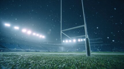 Rugby Goalpost Silhouette in Snowy Stadium: Winter Sports Competition Night Scene
