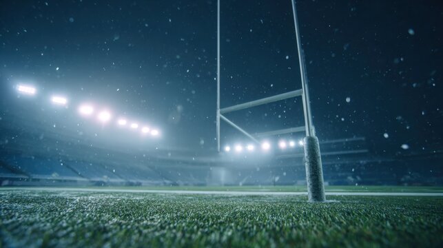 Rugby Goalpost Silhouette in Snowy Stadium: Winter Sports Competition Night Scene - Powered by Adobe