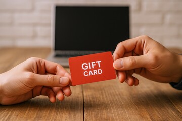 Hands Exchanging a Gift Card with Laptop Computer in the Background on a Wooden Surface