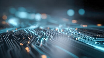 Abstract Circuit Board Design with Glowing Light Trails, Representing High Technology and Data Transmission