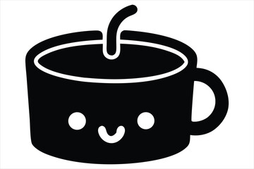 Cute cartoon coffee mug with a happy face and a straw silhouette