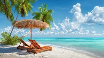 The tranquil beach scene with lounge chairs and a thatched umbrella by the ocean.