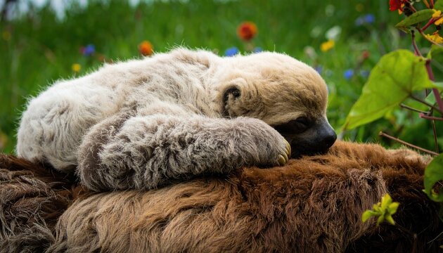 A light-colored baby sloth sleeps on the back of a darker, larger sloth in a grassy area with flowers.