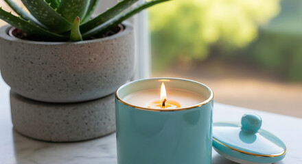 Teal ceramic candle with gold trim burns brightly next to potted aloe vera plant